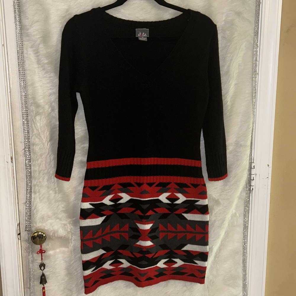 Black and Red Long Sleeve Sweater Bottom Embellished Knit Dress